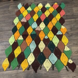 Vintage Earth Tone Crochet Blanket Throw Diamond Pattern With Tassels 66” L